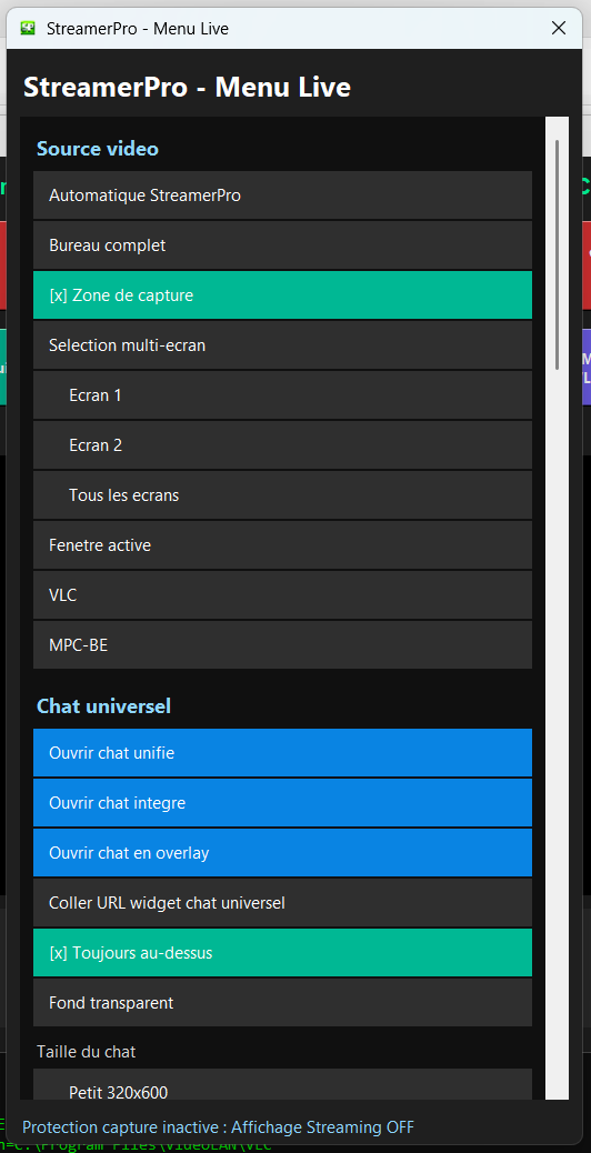 Fenetre Menu Live StreamerPro