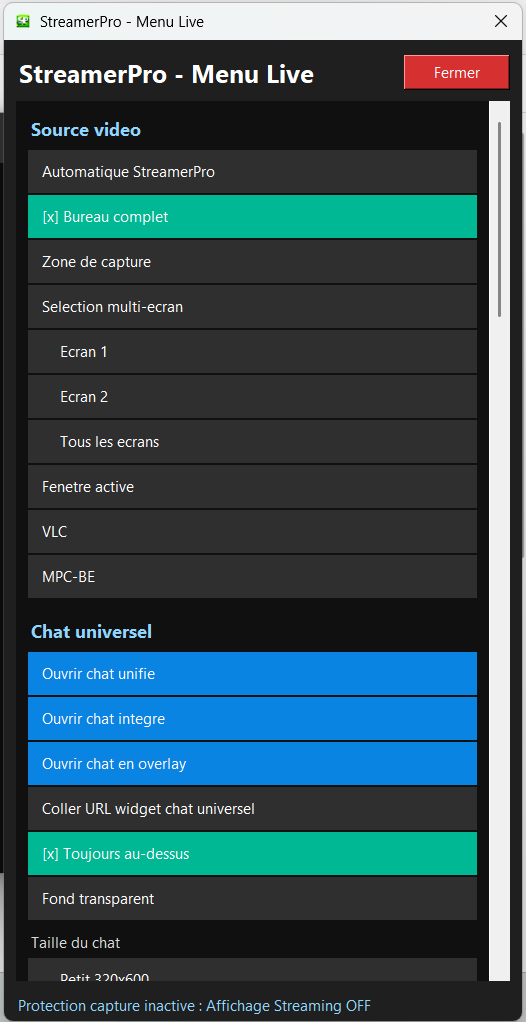 Menu Live StreamerPro pour automatiser une chaîne 24/7