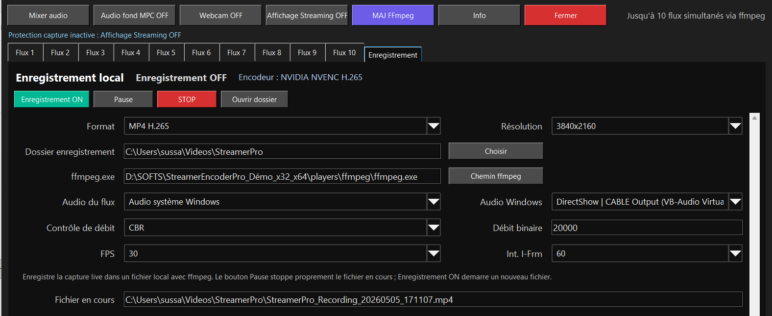 Fenêtre d'enregistrement local StreamerPro